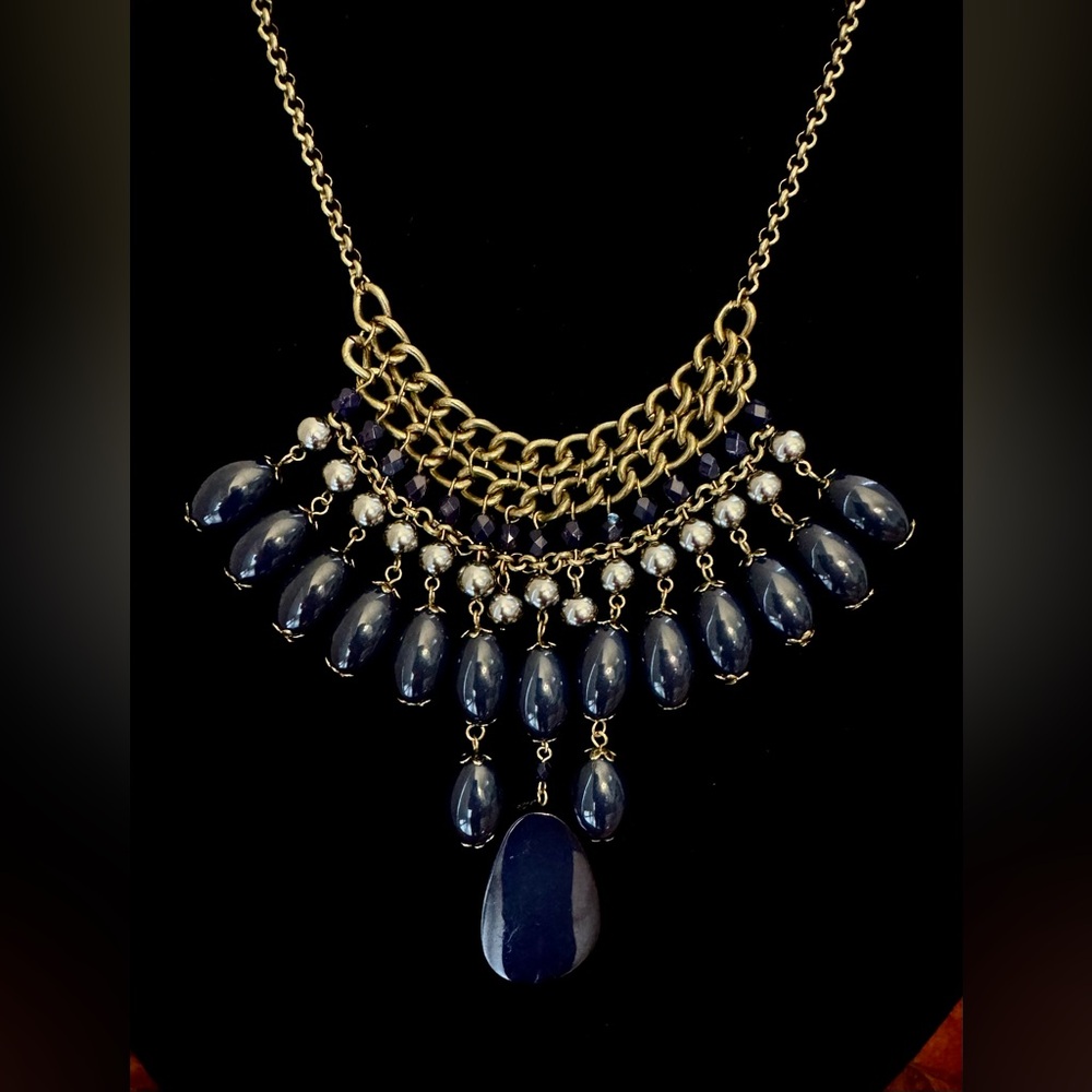 NEW Vintage 90s Never Worn Chandelier Bib Necklace w/ Midnight Blue Beads